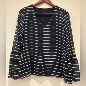 Banana Republic Navy and White Striped Women's Top Long sleeve V neck